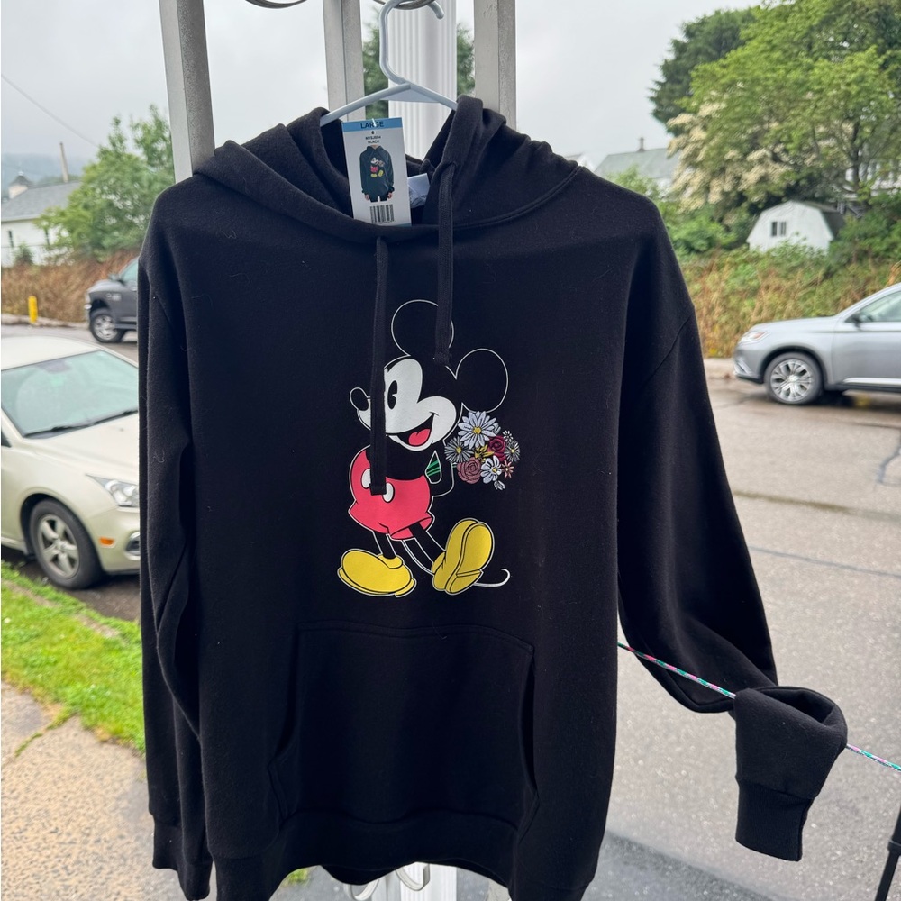 Disney Black Hoodie with Mickey Mouse and embroidered Floral Design